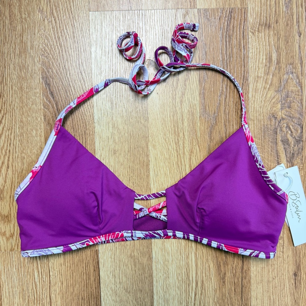 B.Swim Alana Palm Bikini Top NWT Size Small Pink Strappy Halter